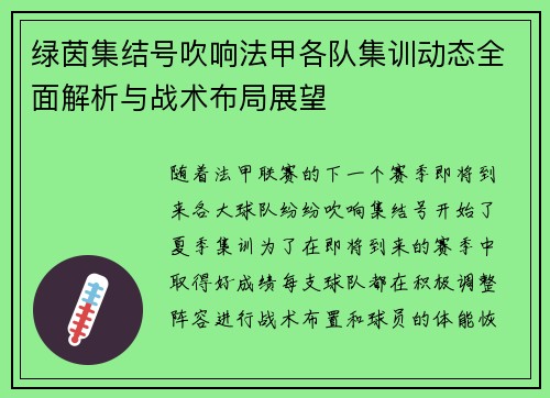 绿茵集结号吹响法甲各队集训动态全面解析与战术布局展望
